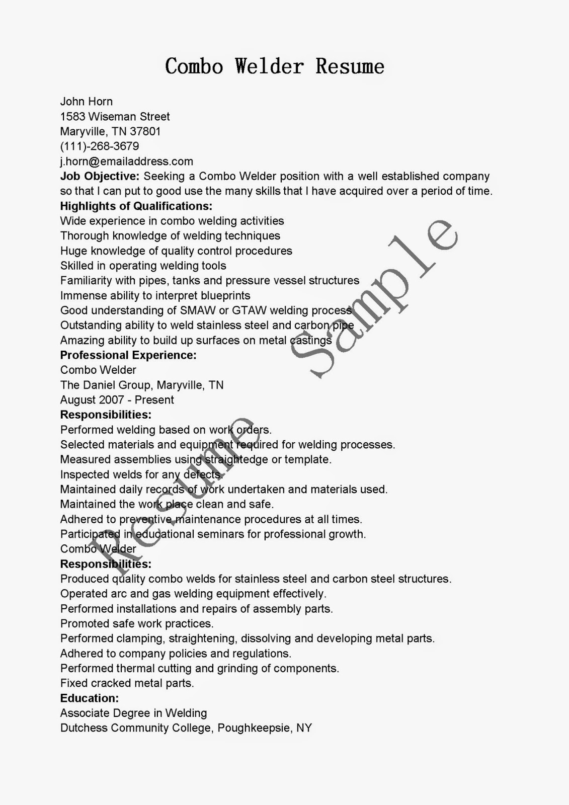 Resume for construction or welding